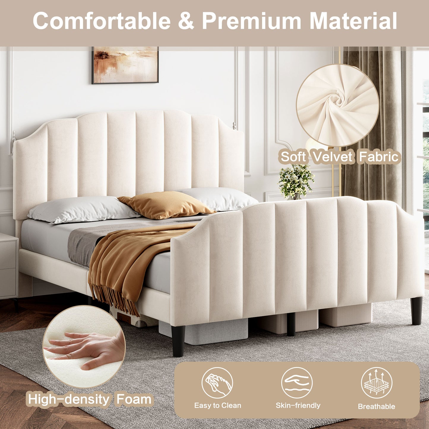 4ft6 Double Upholstered Bed Frame With Adjustable Chic Channel-Tufted Headboard, Velvet Platform Bed Frame With Solid Wood Slat And Mute Foam, No Box Spring Needed, Easy Assembly, Beige No Mattress
