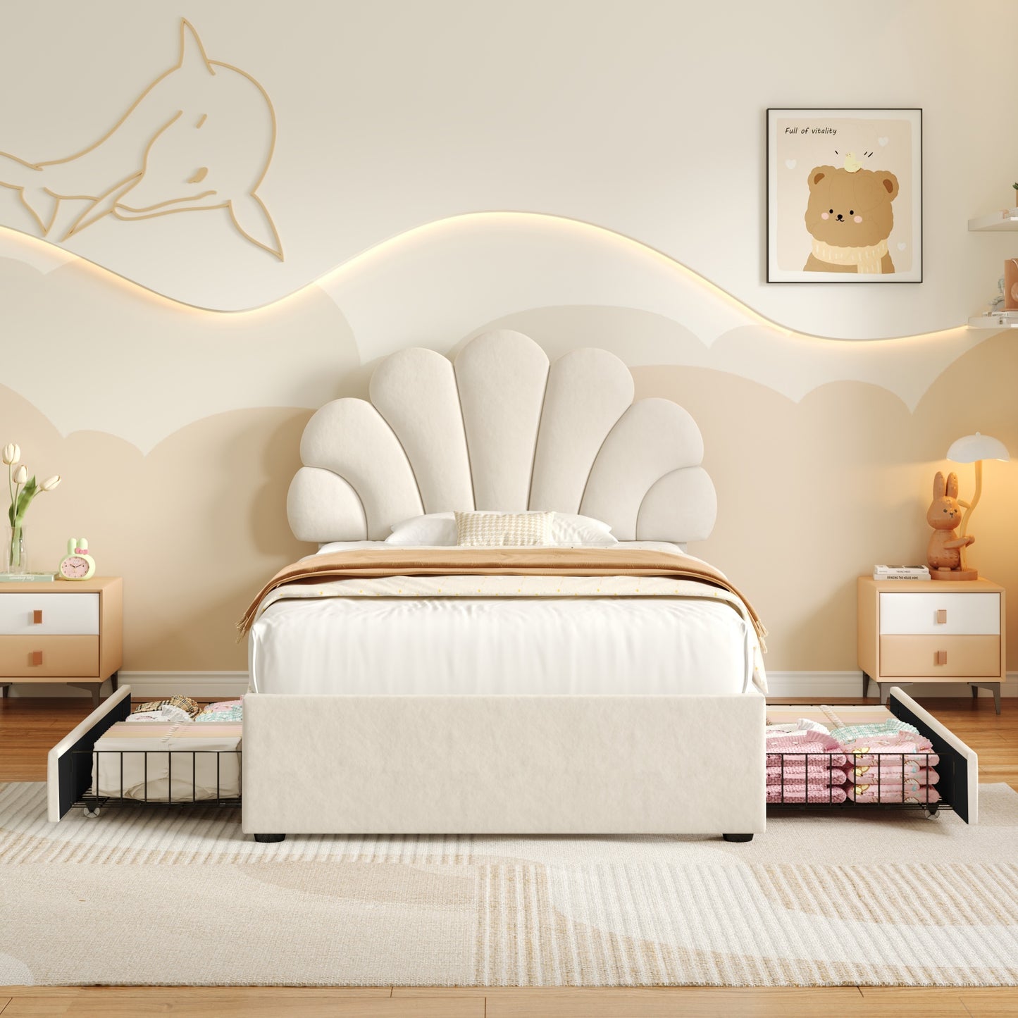 3ft Single Upholstered Bed With Adjustable Chic Petal Headboard, Soft Velvet Bed Frame With 2 Storage Drawers, Petal Bed With Solid Wood Slat, No Box Spring Needed, Easy Assembly, Beige No Mattress