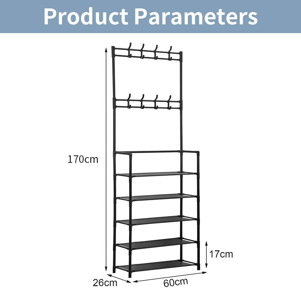 New Coat And Hat Stand 8 Hooks Metal Shoe Rack 5 Tiers Shelf Hanger Black