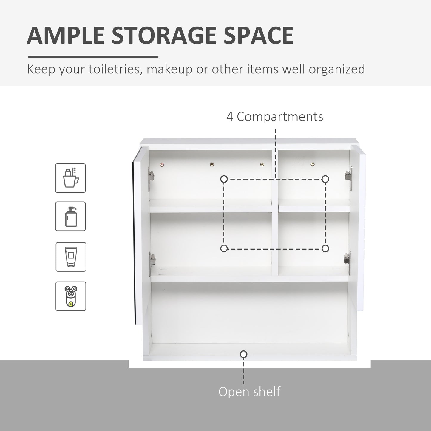 Kleankin Bathroom Mirror Cabinet Wall-Mounted Storage WDouble Door Adjustable Shelf - White