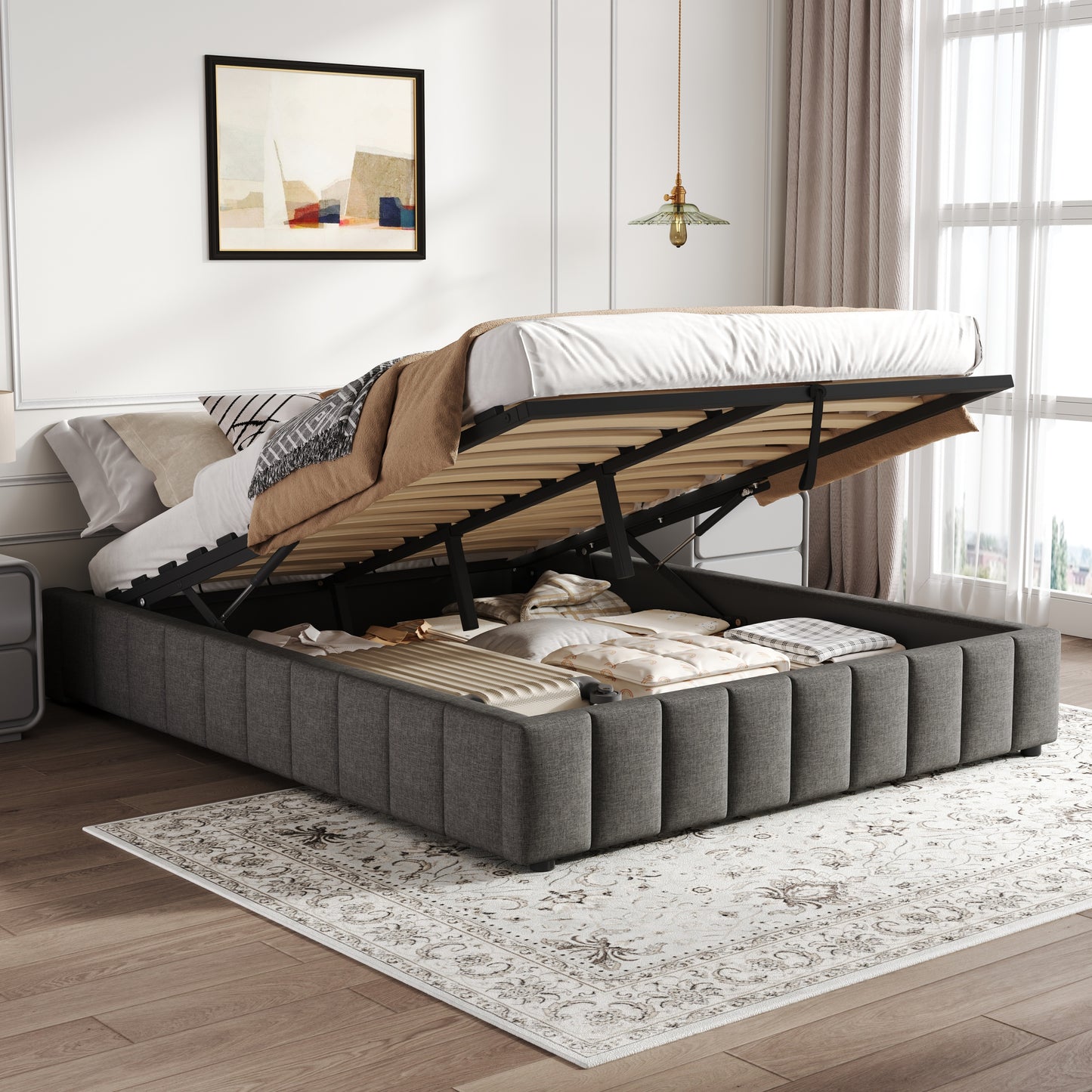 4ft6 Double Upholstered Storage Bed Frame, No Headboard  Linen Bed Frame With Hydraulic Storage, Channel Tufted  Ottoman Bed, Metal-Wood Support, No Box Spring Needed, Easy Assembly,Grey No Mattress