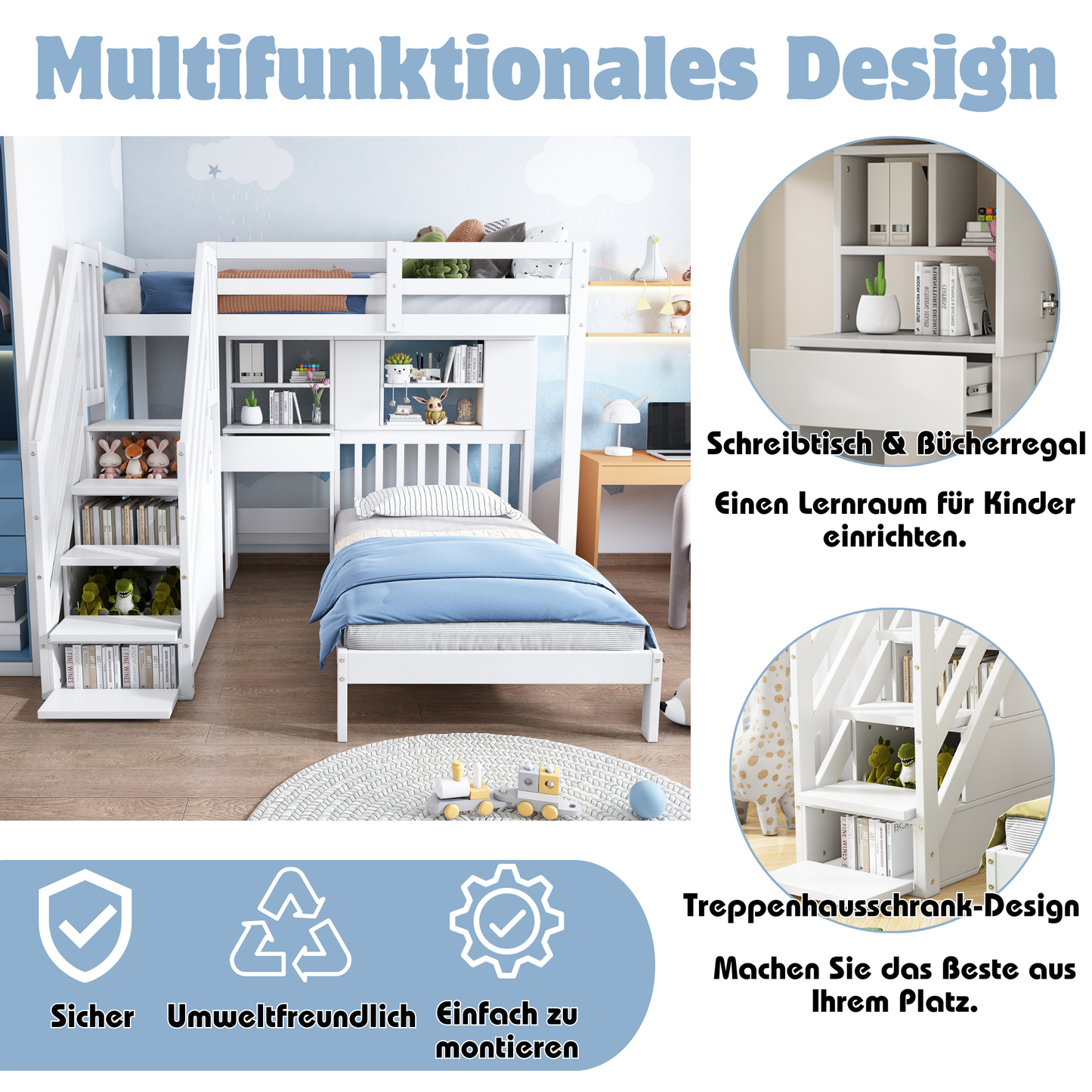 Wood House Bunk Bed 90 X190 Cm,Bunk Bed, Double Bed, Multifunctional Children's Bed, Storage Space Function, With Desk And Shelves, With Slatted Frame, White
