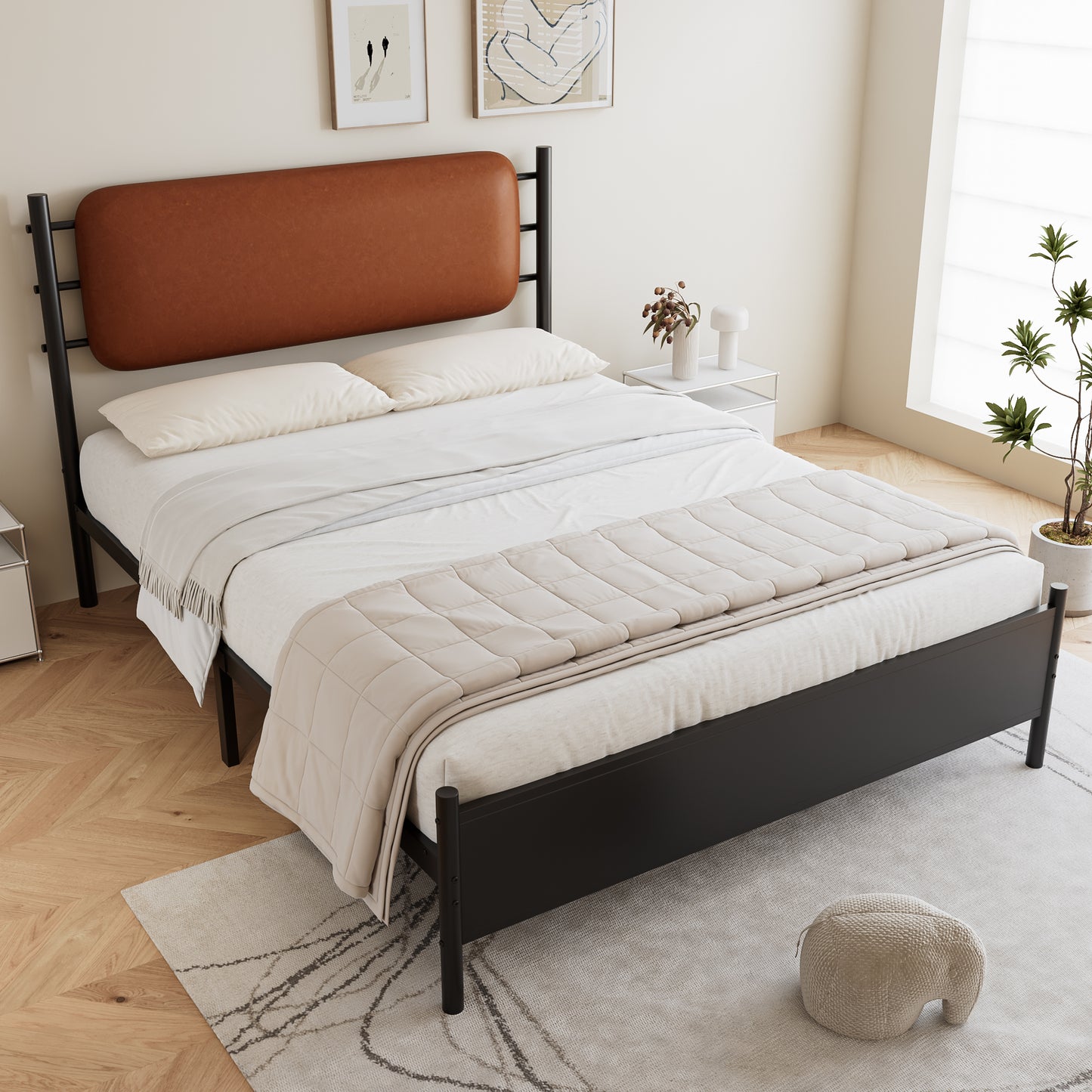 Metal Bed, 4ft6 Double Bed 135x190cm, With A PU-upholstered Headboard, Durable And Sturdy, Youth Bed, For Adults & Teenagers, Wrought Iron Bed, Black Iron PU