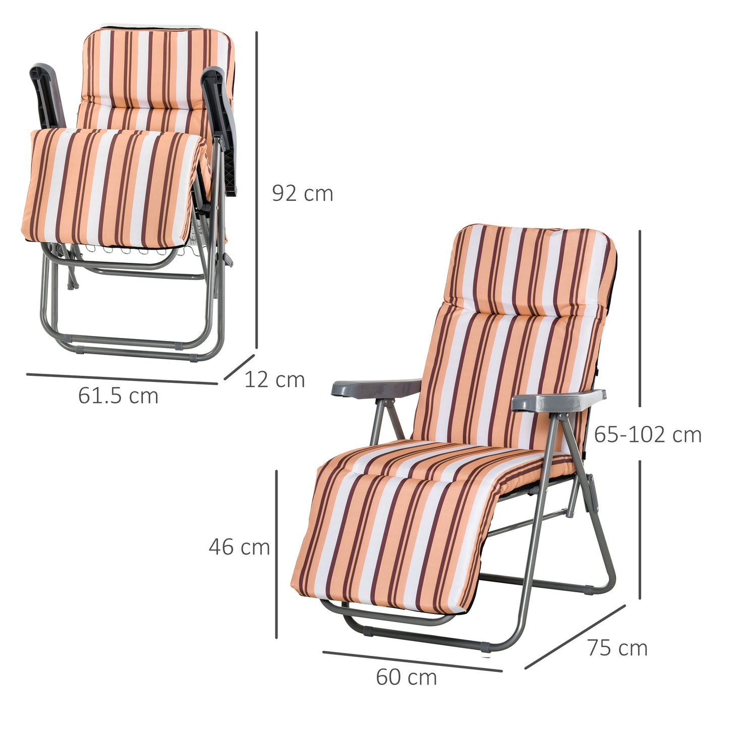 Reclining Garden Chair Set Of 2, 5-Level Adjustable Zero Gravity Chairs With Cushions, Folding Sun Lounger Garden Recliner Chairs With Armrests For Outdoor, Patio, Orange Stripe