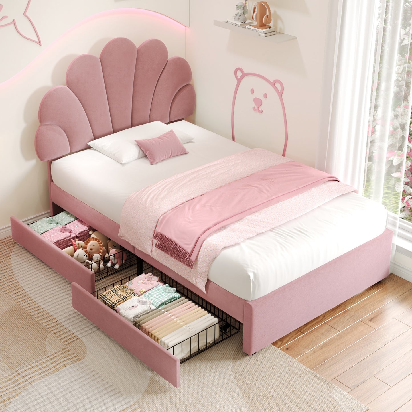 3ft Single Upholstered Bed With Adjustable Chic Petal Headboard, Soft Velvet Bed Frame With 2 Storage Drawers, Petal Bed With Solid Wood Slat, No Box Spring Needed, Easy Assembly, Pi Nk  No Mattress