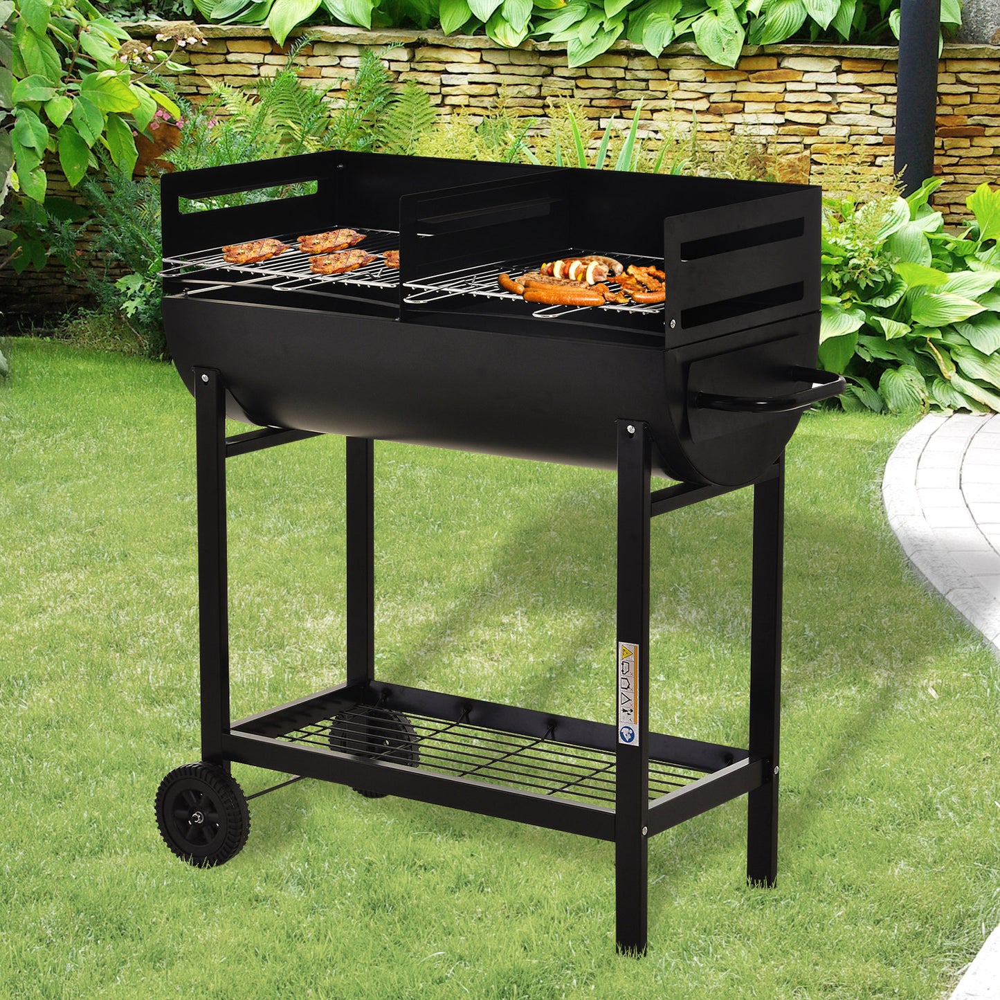 Steel 2-Grill Charcoal BBQ W/ Wheels Black