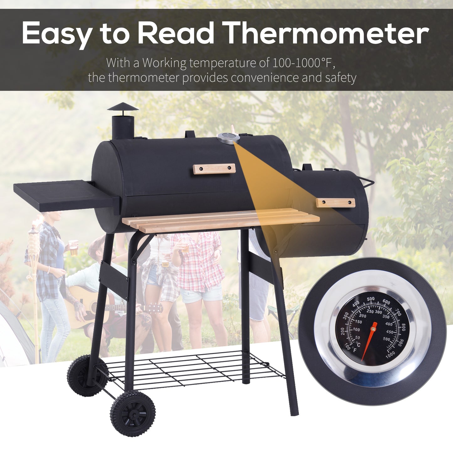 Portable Charcoal BBQ Grill, Cold-rolled Steel, Solid Wood, 104H X 124L X53W Cm-Black