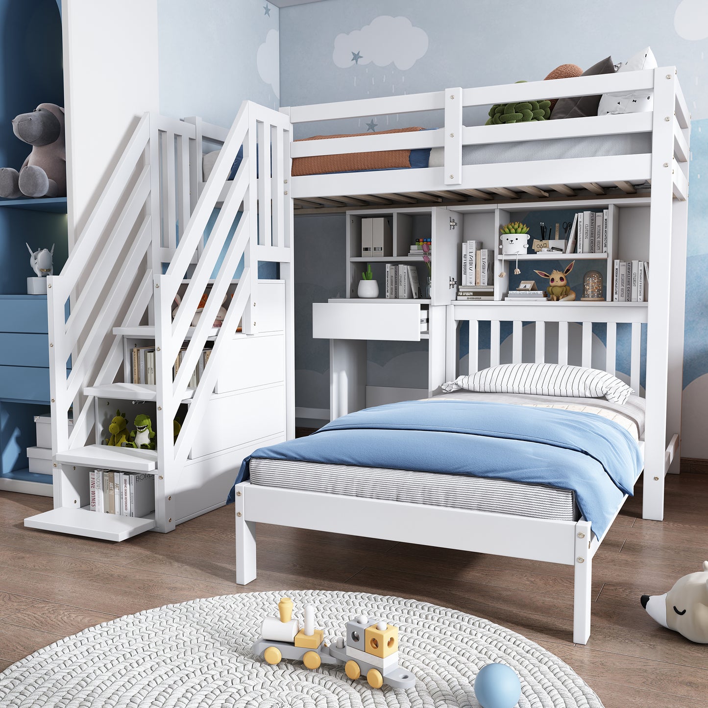 Wood House Bunk Bed 90 X190 Cm,Bunk Bed, Double Bed, Multifunctional Children's Bed, Storage Space Function, With Desk And Shelves, With Slatted Frame, White