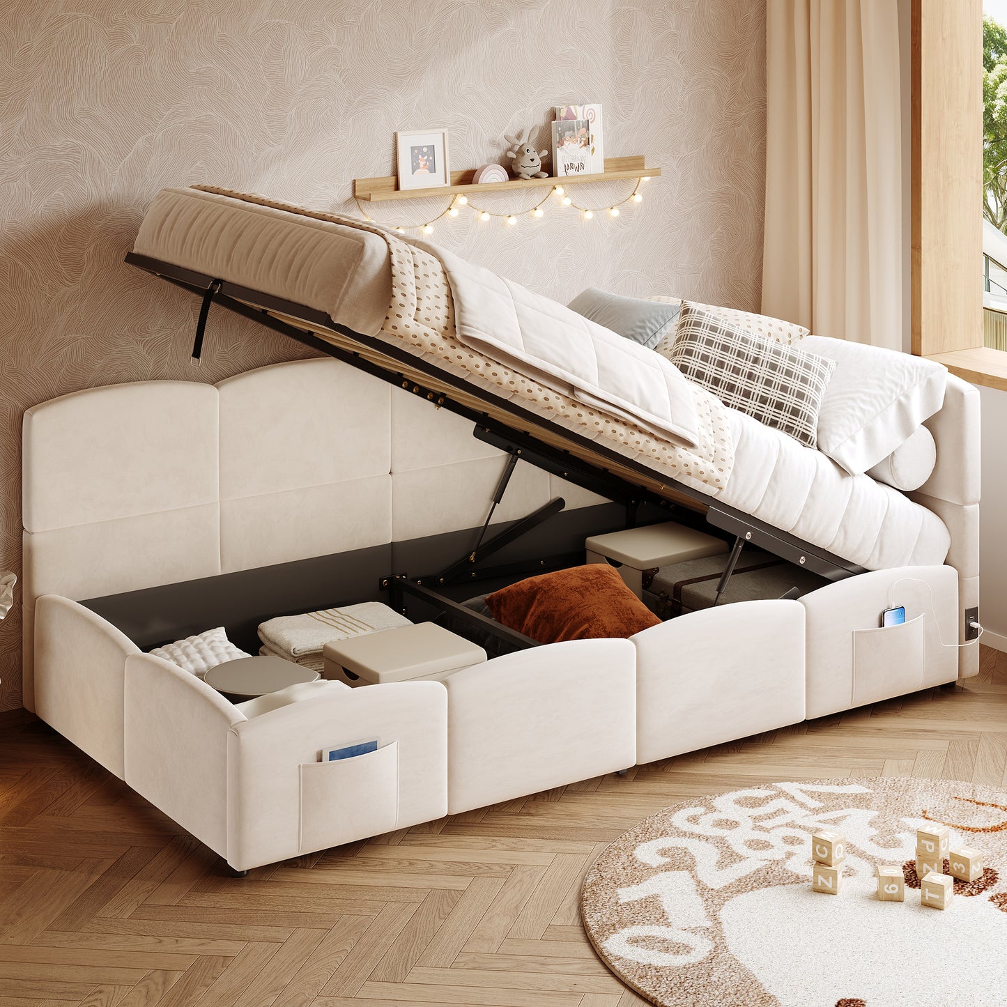 Upholstered Sofa Bed 90 X 190 Cm, 3-ft Single Daybed, Children's Bed, Single Sofa Bed With Slatted Frame, Hydraulic Storage, USB Charging, Velvet, Beige Without Mattress