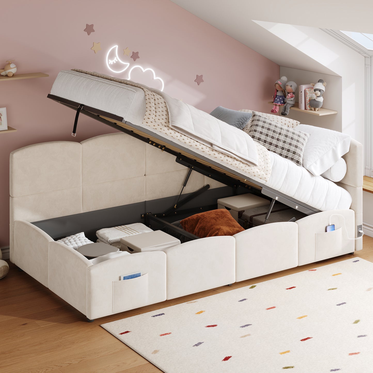 Upholstered Sofa Bed 90 X 190 Cm, 3-ft Single Daybed, Children's Bed, Single Sofa Bed With Slatted Frame, Hydraulic Storage, USB Charging, Velvet, Beige Without Mattress