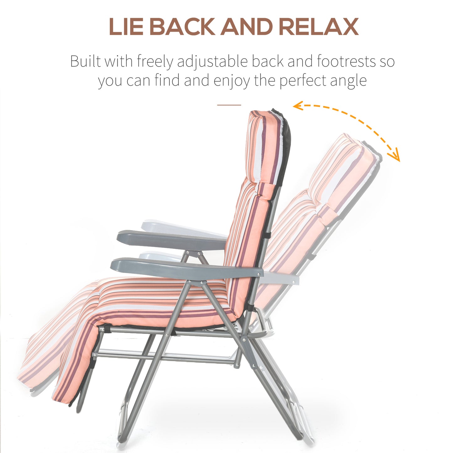 Reclining Garden Chair Set Of 2, 5-Level Adjustable Zero Gravity Chairs With Cushions, Folding Sun Lounger Garden Recliner Chairs With Armrests For Outdoor, Patio, Orange Stripe