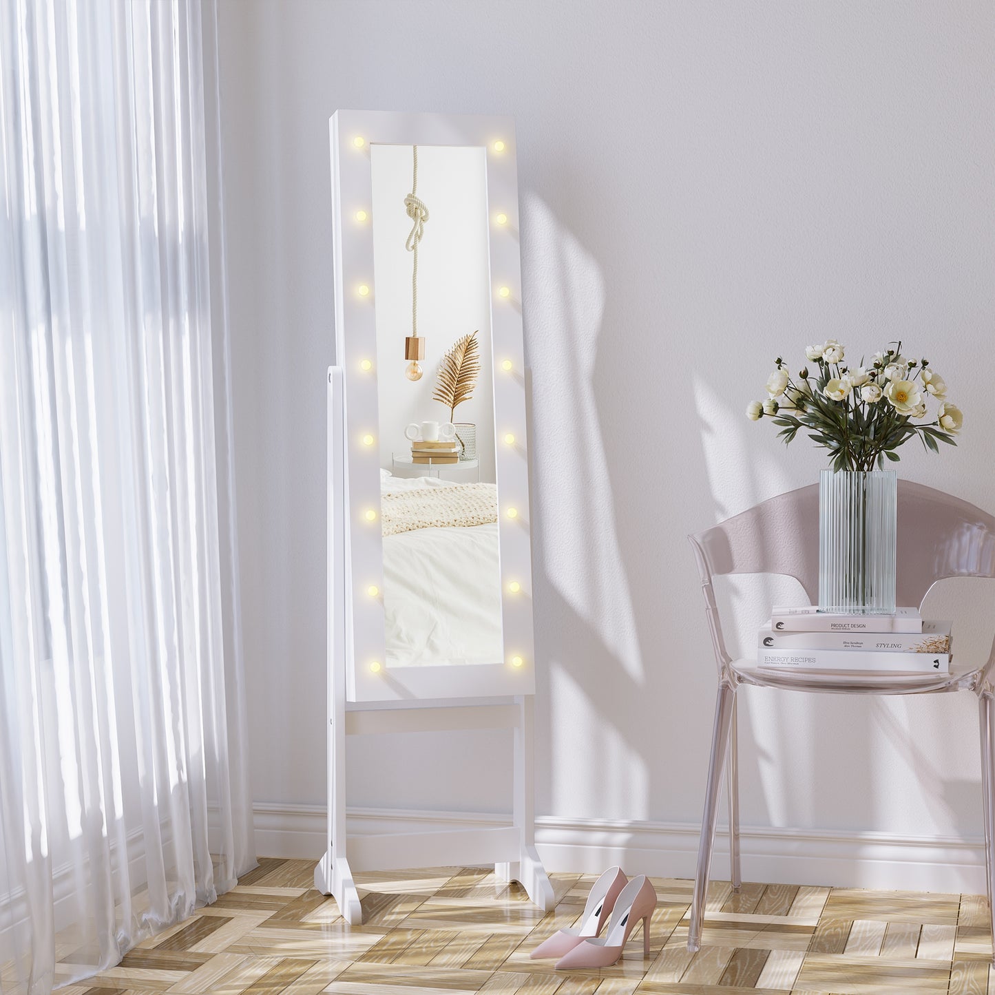 Free Standing LED Mirrored Jewelry Cabinet Armoire Floor Organiser W/ 3 Angle Adjustable For Rings Earrings Bracelets Cosmetics Warm White