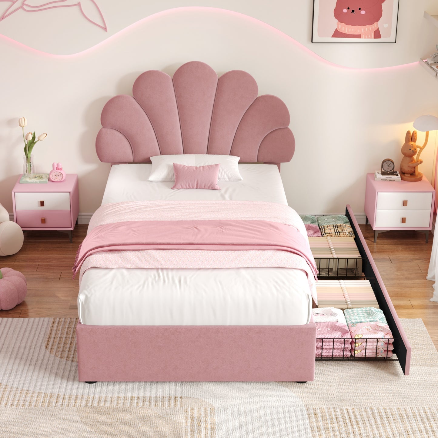 3ft Single Upholstered Bed With Adjustable Chic Petal Headboard, Soft Velvet Bed Frame With 2 Storage Drawers, Petal Bed With Solid Wood Slat, No Box Spring Needed, Easy Assembly, Pi Nk  No Mattress