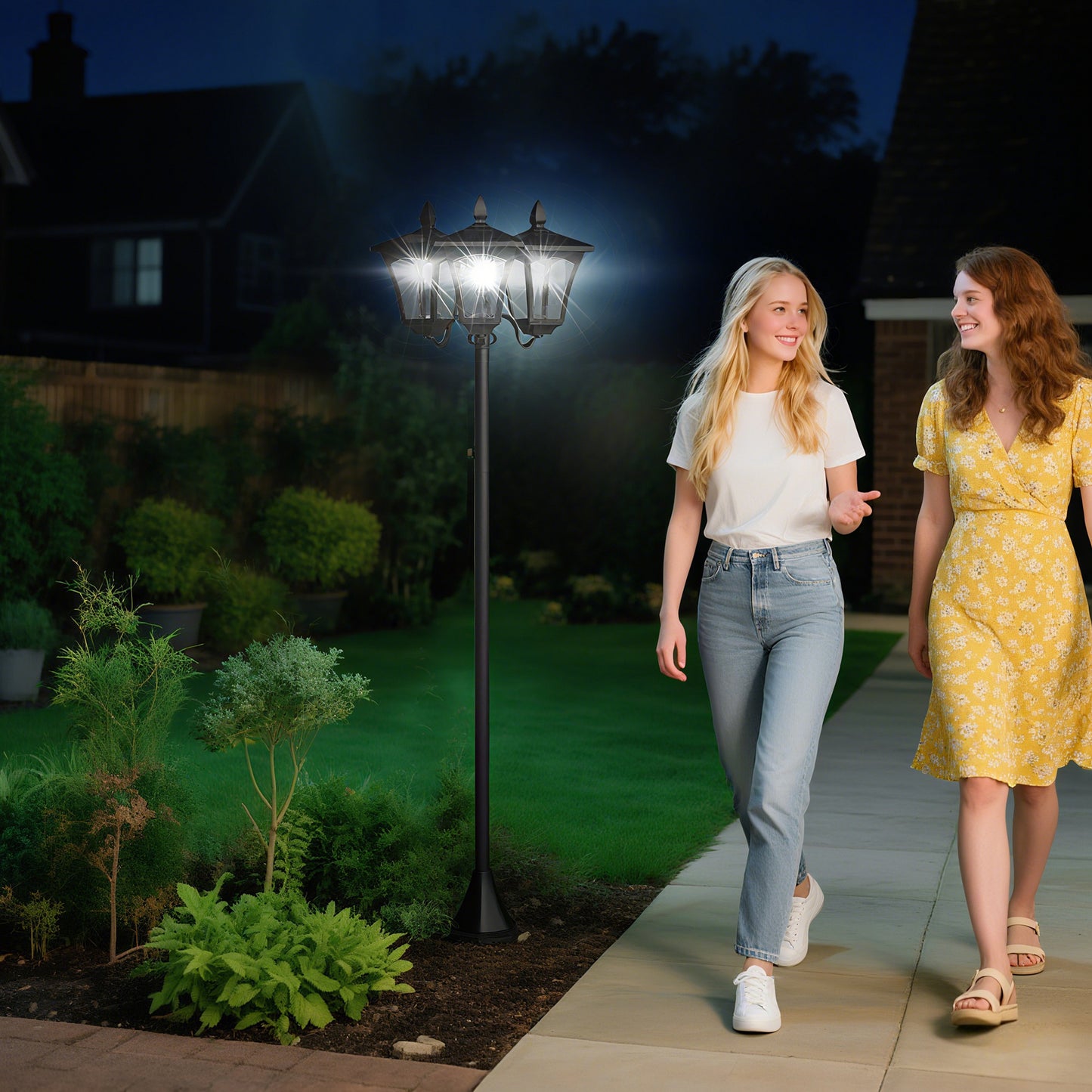 1.8m Traditional Victorian Style 3 Way Head Outdoor Garden Solar Post Lamp Sensor Dimmable LED Lantern Bollard Pathway IP44
