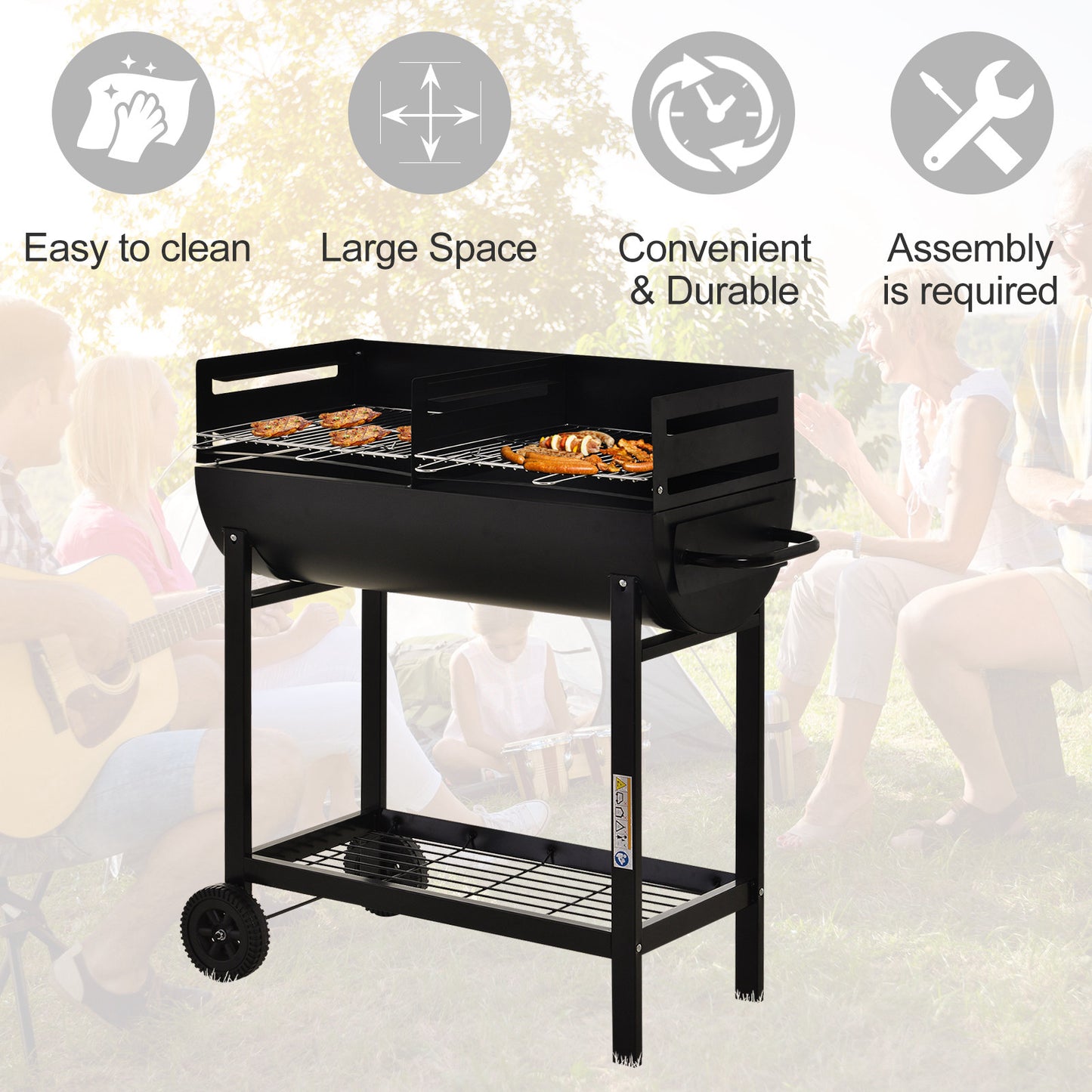 Steel 2-Grill Charcoal BBQ W/ Wheels Black