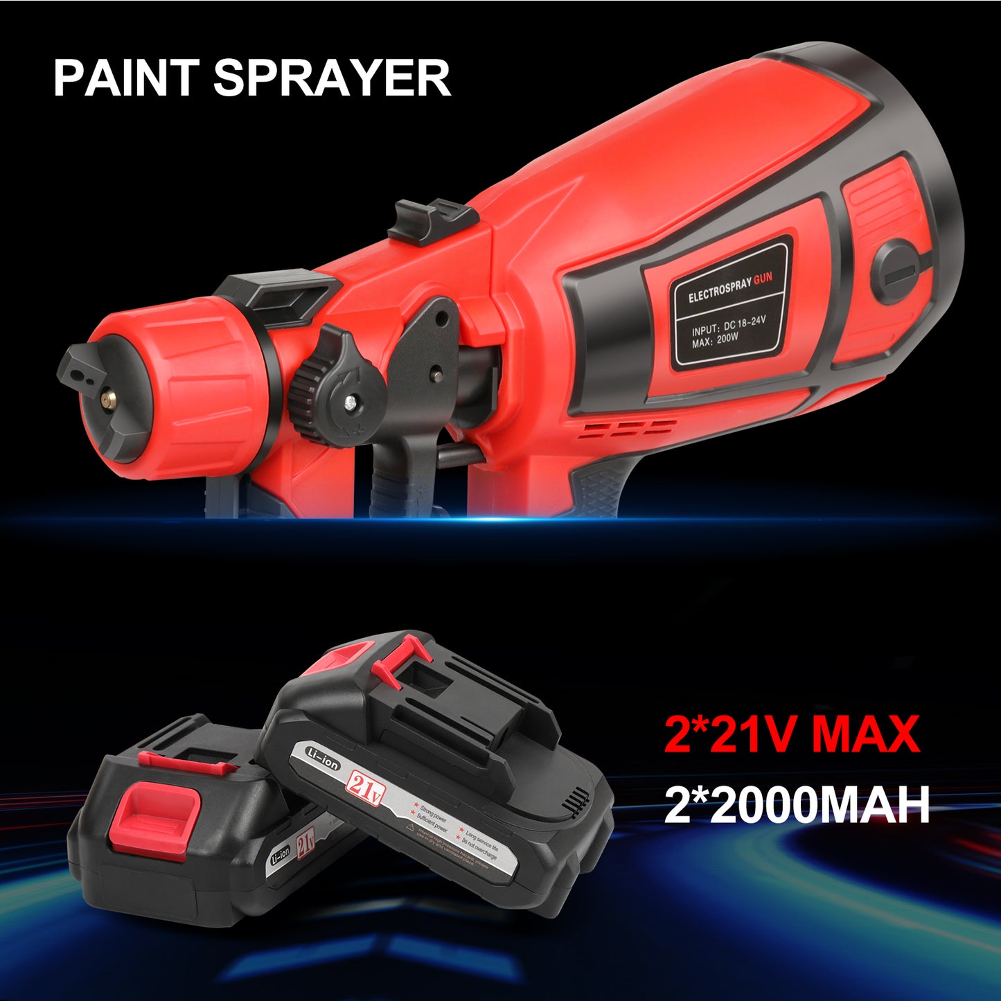 Cordless Electric Spray Paint Applicator, Equipped With 2 X 2.0mAh 21V Batteries Makita Plug, 2 Nozzles And 3 Spray Modes, 900ml Large-capacity Removable Container