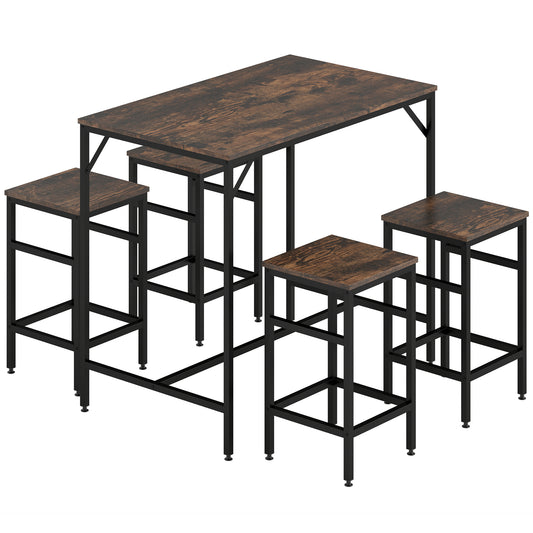 5-Piece Breakfast Bar Table And Stools Set, Kitchen Bar Table Set With High Table And 4 Stools, Space Saving Compact Dining Furniture For Small Spaces, Rustic Brown