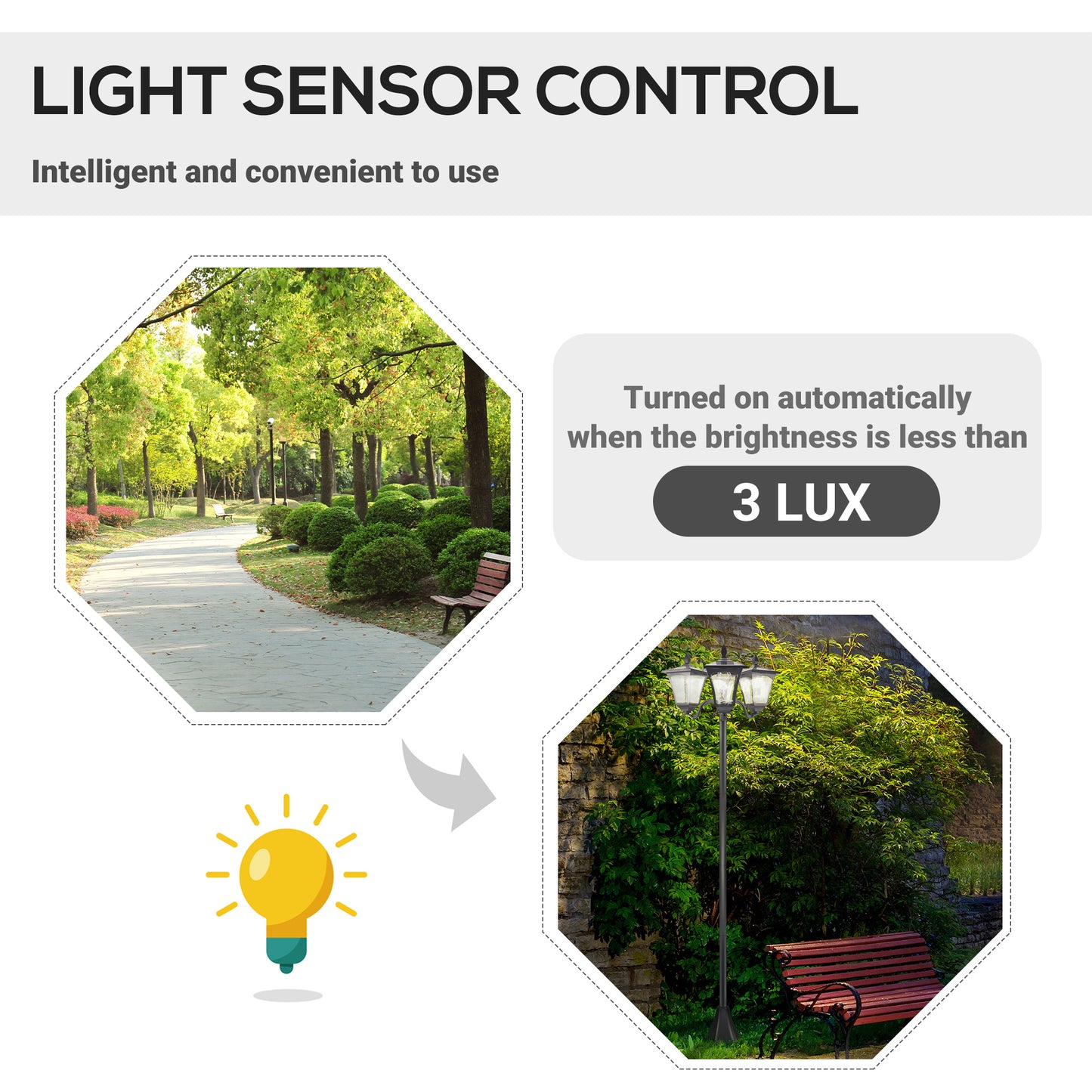 1.8m Traditional Victorian Style 3 Way Head Outdoor Garden Solar Post Lamp Sensor Dimmable LED Lantern Bollard Pathway IP44