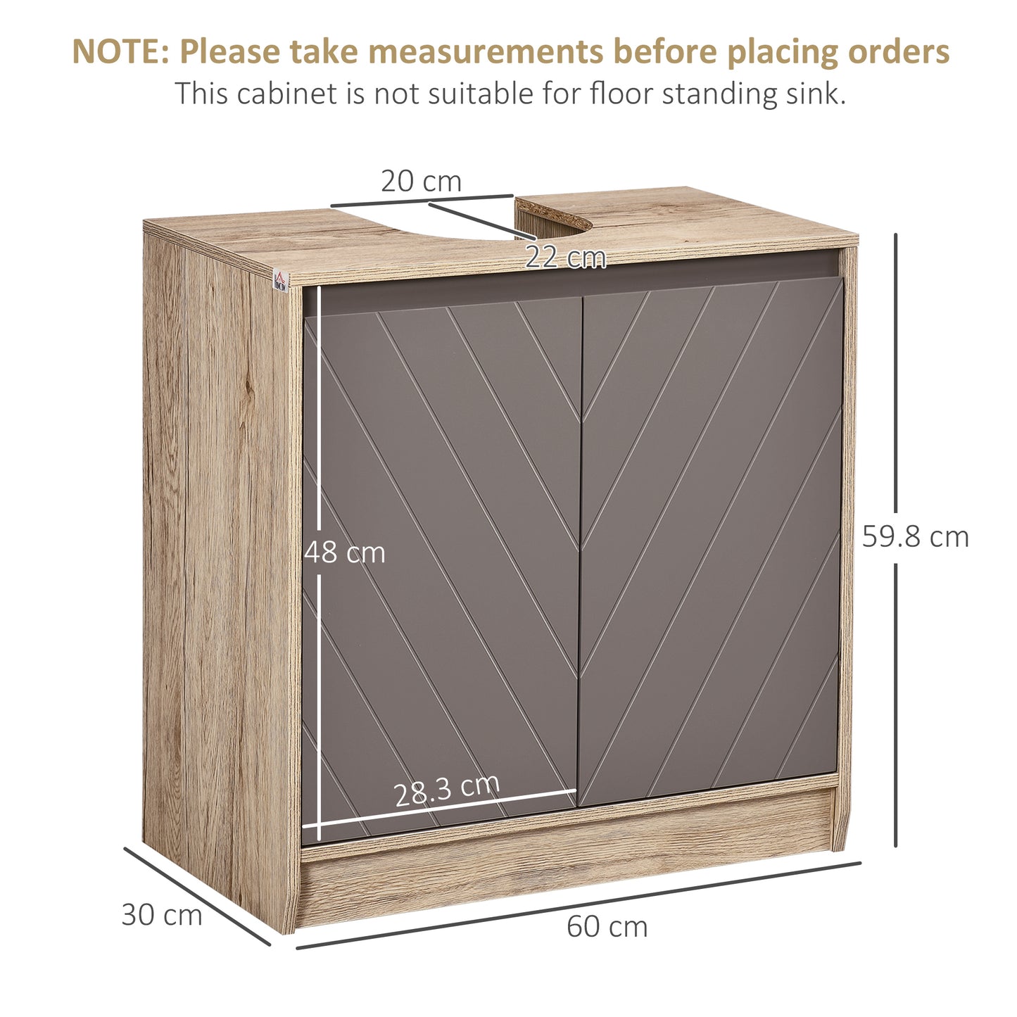 Under Sink Storage Cabinet Floor Standing Cupboard W/ Adjustable Shelf Bathroom Cabinet 2 Doors Versatile Style Grey