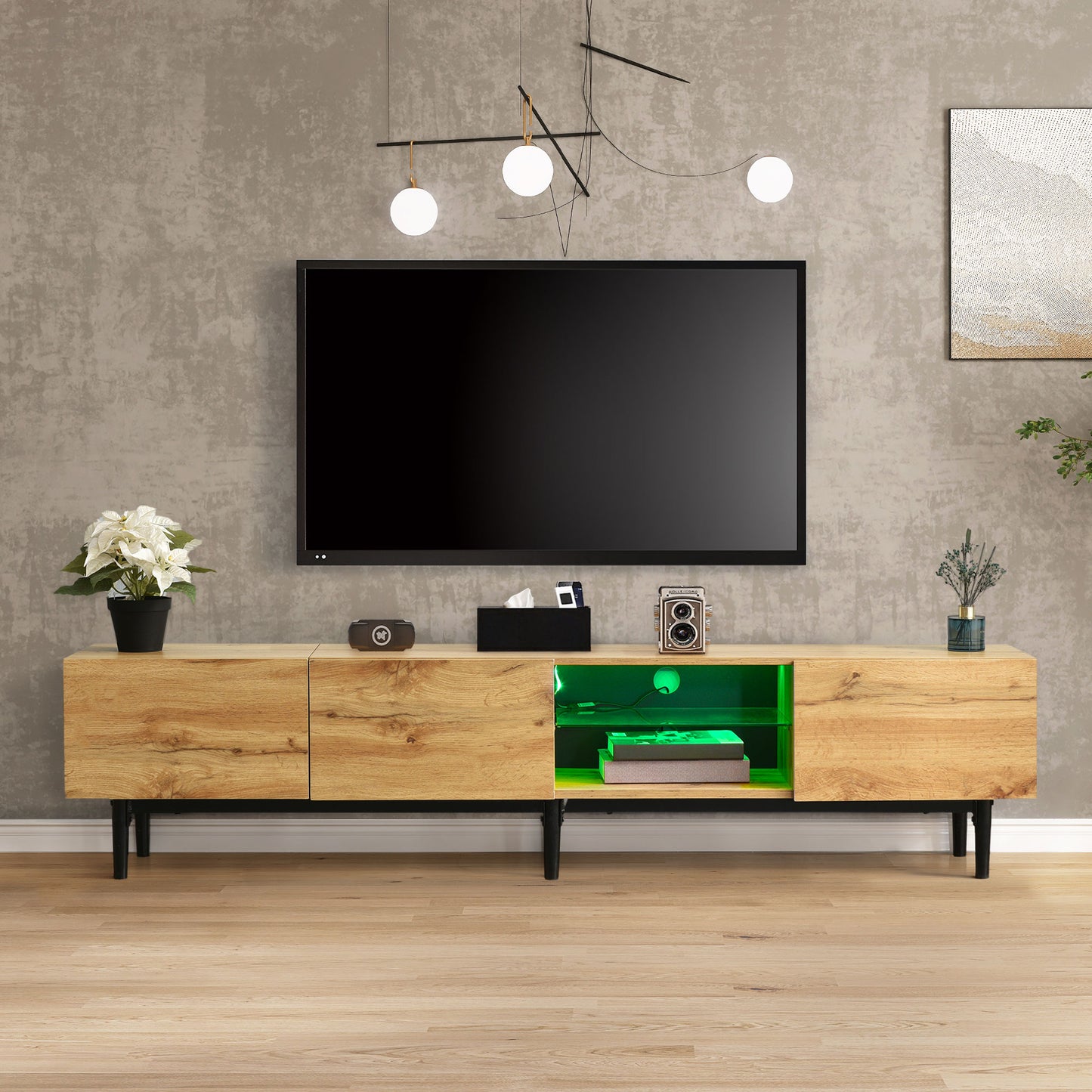 Modern TV Cabinet With Adjustable LED Lighting Large Storage Space Wood Grain Finish & Minimalist Design  Entertainment Center For Living Room Media Console With 3 Cabinets 175 X31 X 41 Cm
