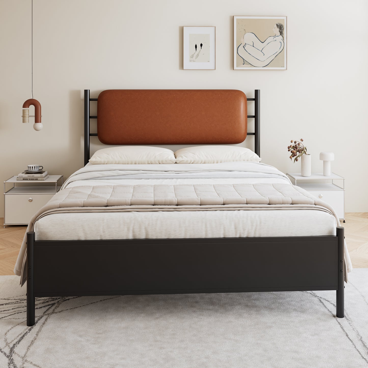 Metal Bed, 4ft6 Double Bed 135x190cm, With A PU-upholstered Headboard, Durable And Sturdy, Youth Bed, For Adults & Teenagers, Wrought Iron Bed, Black Iron PU