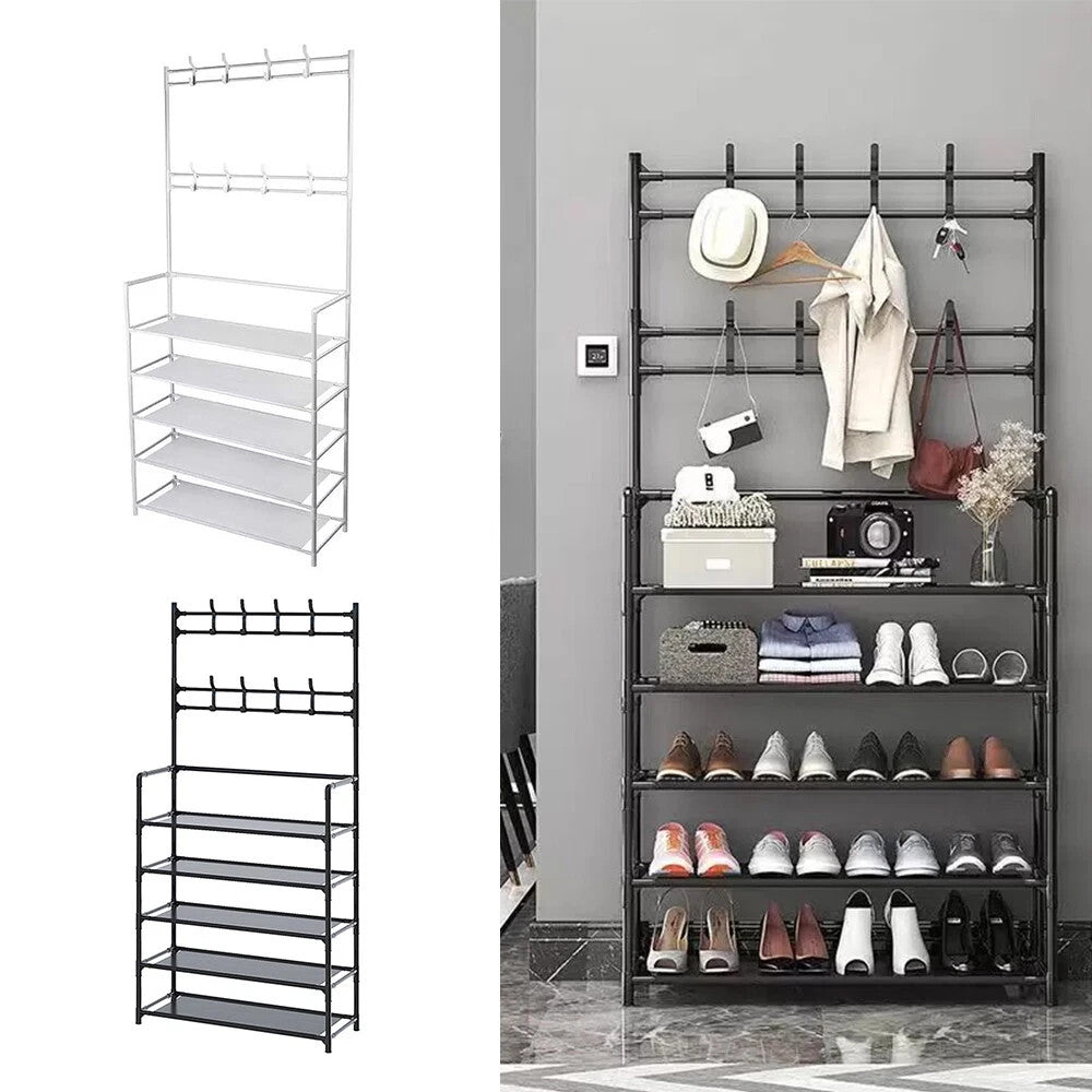 New Coat And Hat Stand 8 Hooks Metal Shoe Rack 5 Tiers Shelf Hanger Black