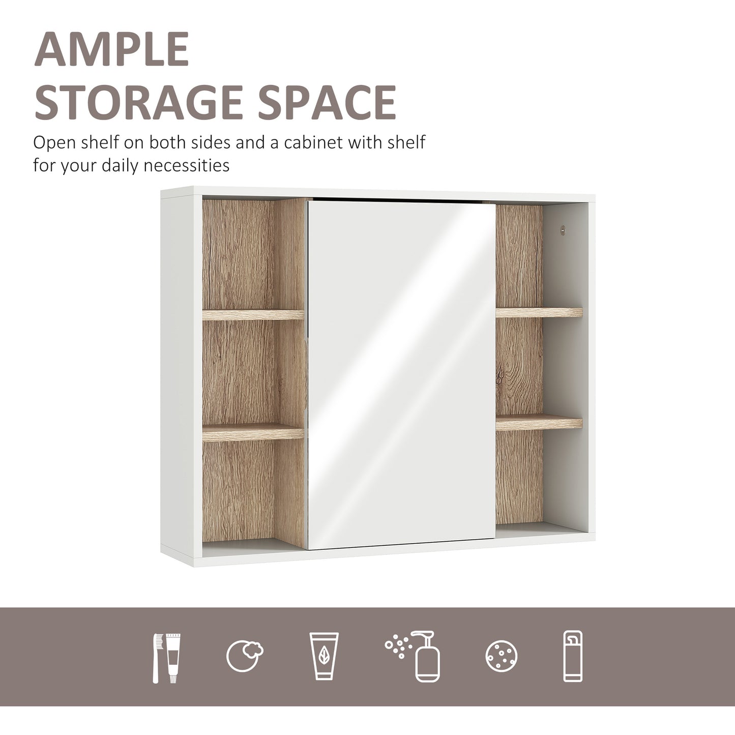 Bathroom Mirror Cabinet, Wall Mounted Storage Cabinet With Open Cupboard And Adjustable Shelf, White