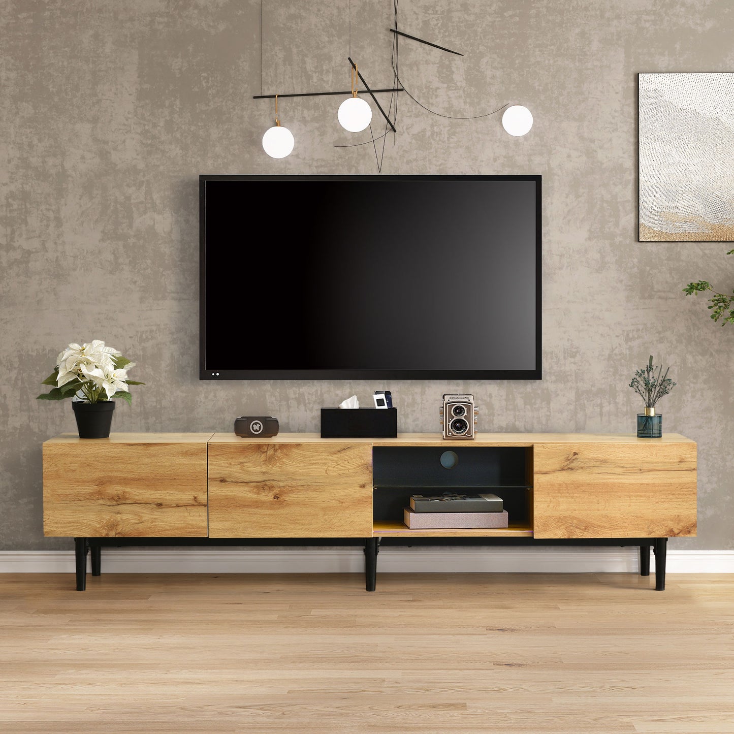 Modern TV Cabinet With Adjustable LED Lighting Large Storage Space Wood Grain Finish & Minimalist Design  Entertainment Center For Living Room Media Console With 3 Cabinets 175 X31 X 41 Cm