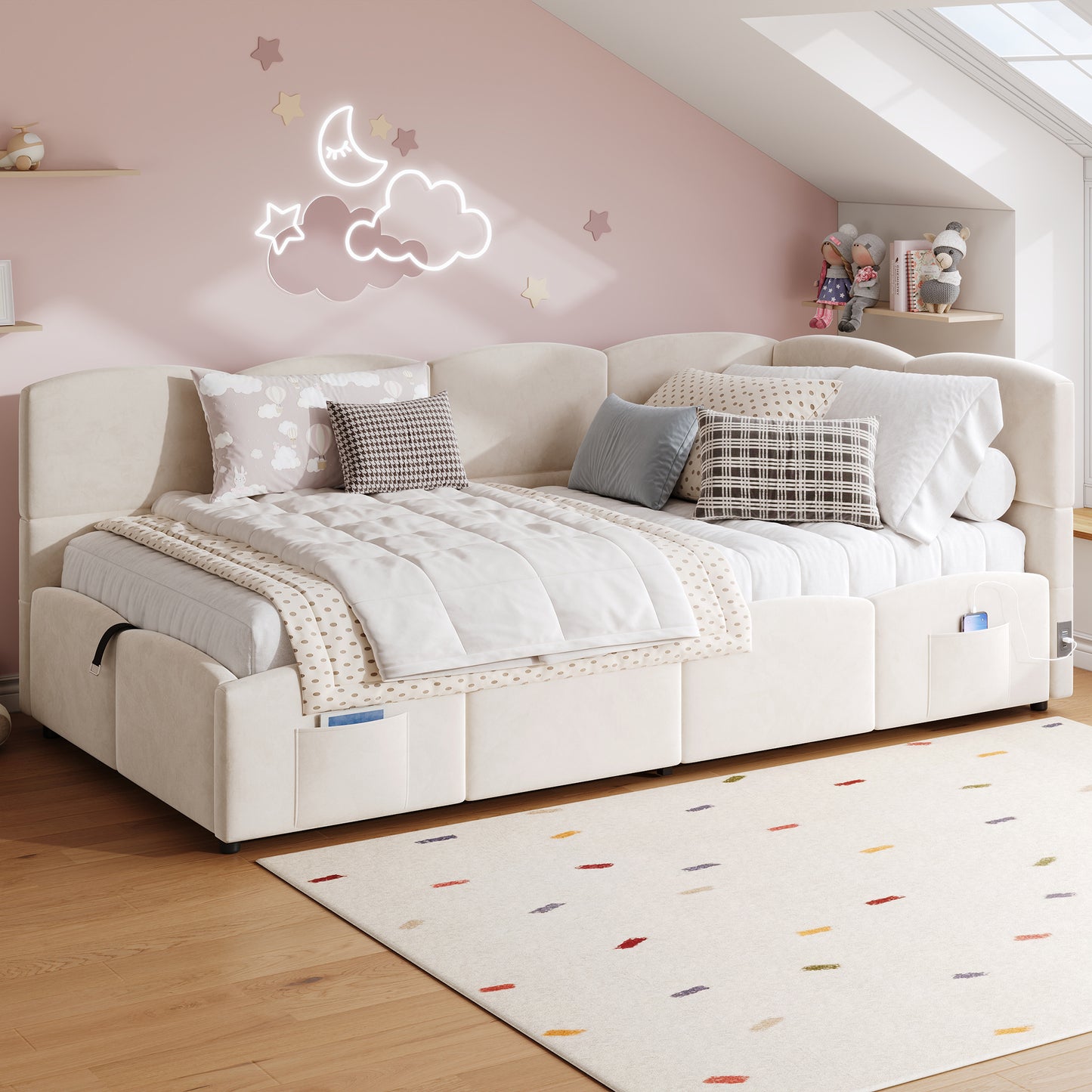 Upholstered Sofa Bed 90 X 190 Cm, 3-ft Single Daybed, Children's Bed, Single Sofa Bed With Slatted Frame, Hydraulic Storage, USB Charging, Velvet, Beige Without Mattress