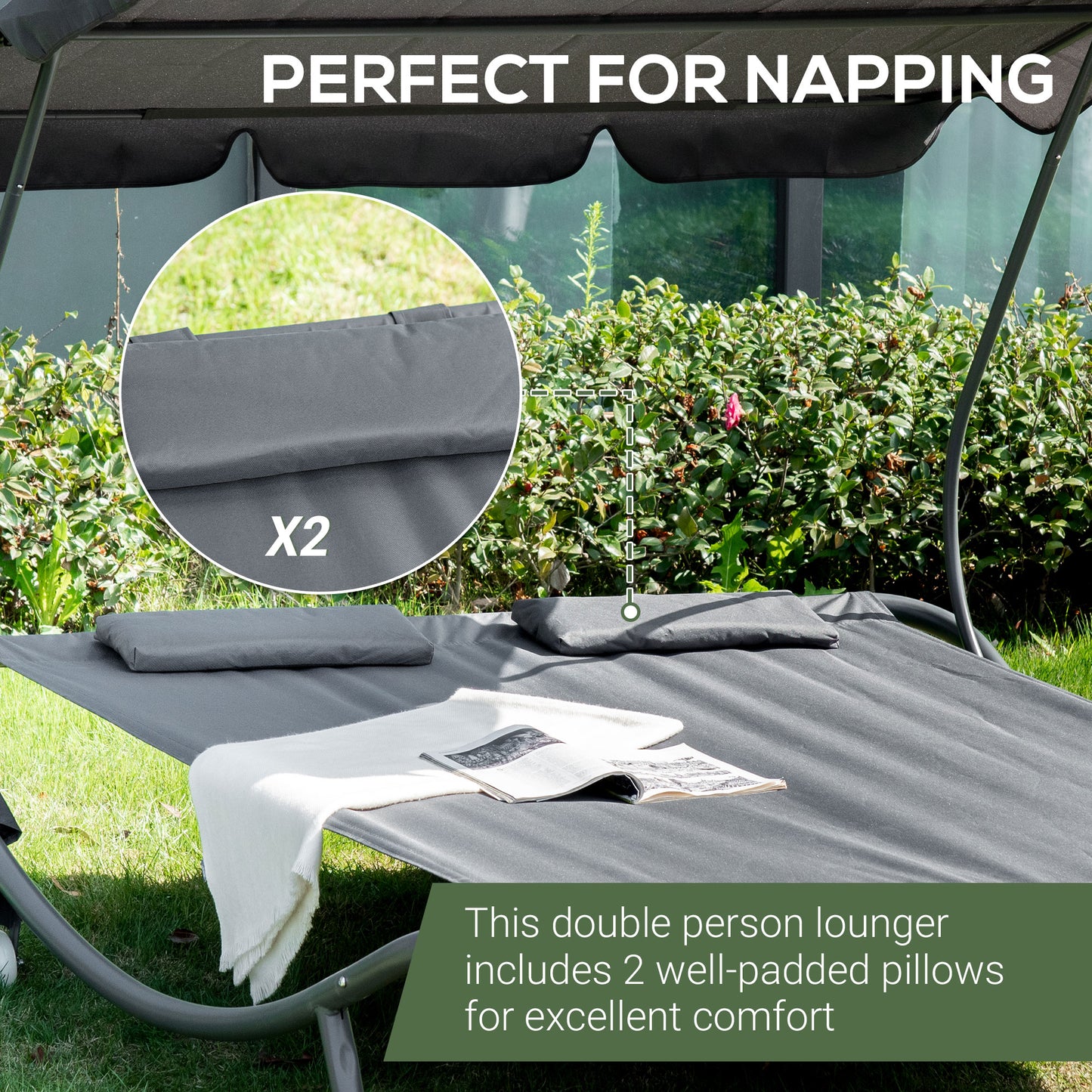 Double Sun Lounger With Adjustable Detachable Canopy, Portable Garden Daybed For 2 With Wheels, Outdoor Sunbed Hammock With 2 Pillows, 220 KG Max. Load, Grey