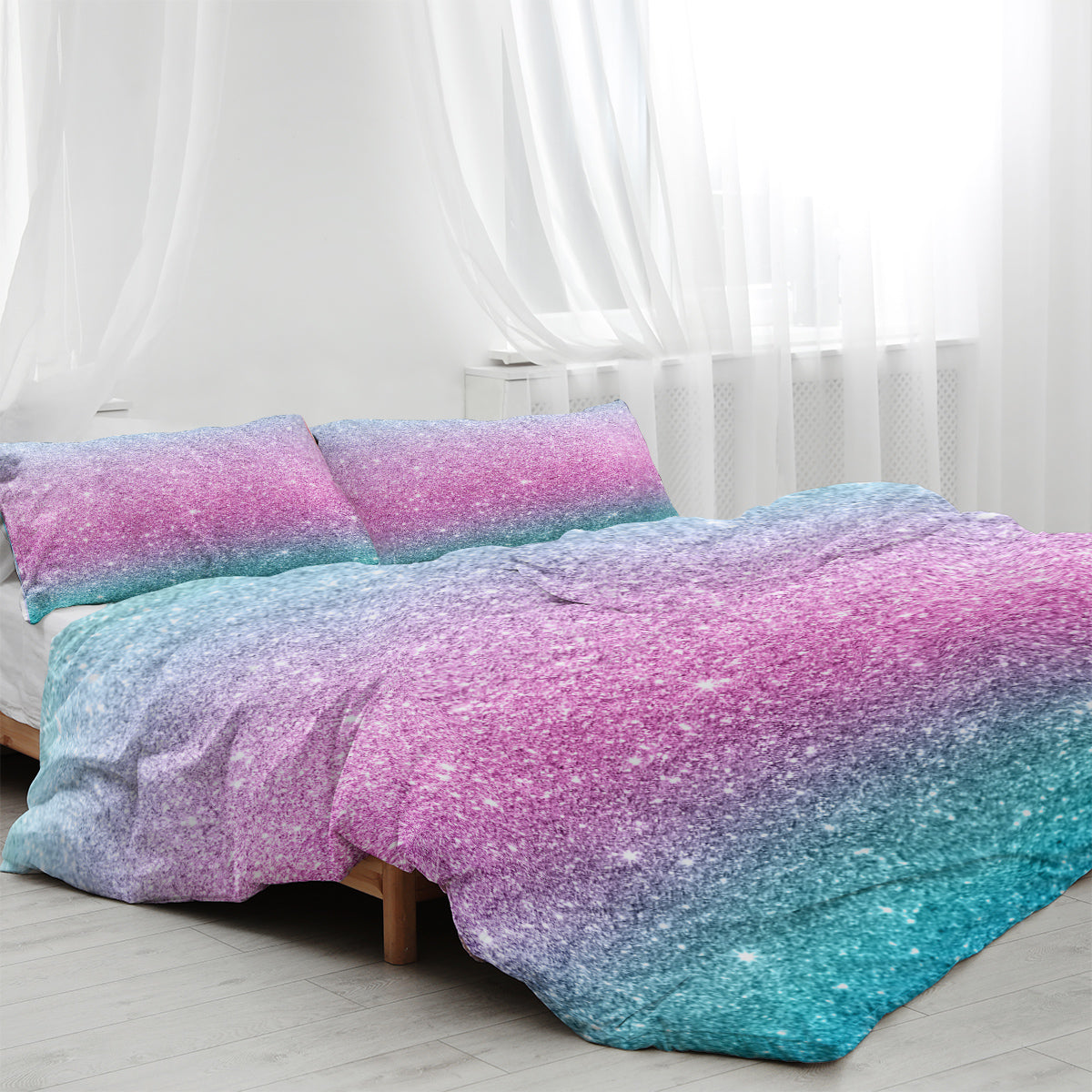 Girly Duvet Cover Rainbow Glitter Ombre Bedding Sets 3 Pcs Chic  Purple Blue Green Pastel Bed Spreads Sparkle Quilt Cover Set With 2 Pillow Shams