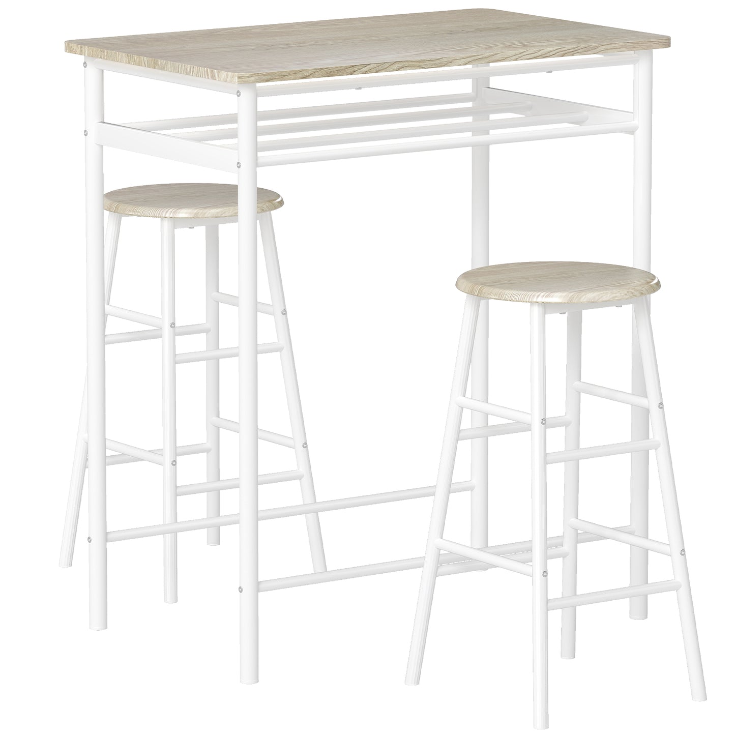Bar Table Set, Bar Table And Stools Set, Footrest And Storage Shelf, For Kitchen, Dining Room, Pub, Cafe, White And Oak