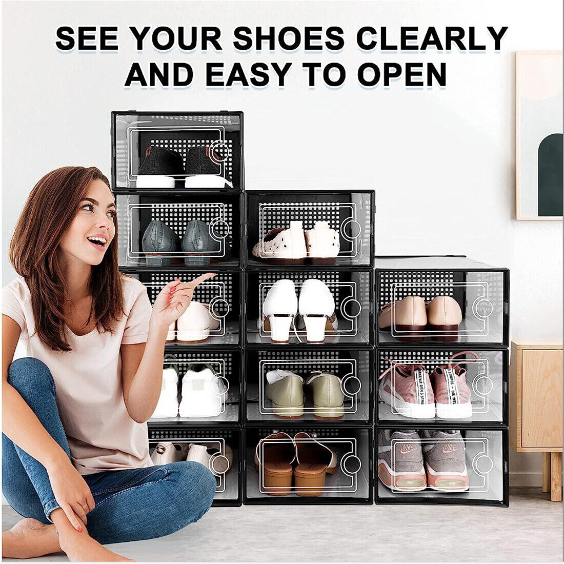 12Pcs Transparent Clear Shoe Storage Box Rack Plastic Organizer Boxers Stackable White Black