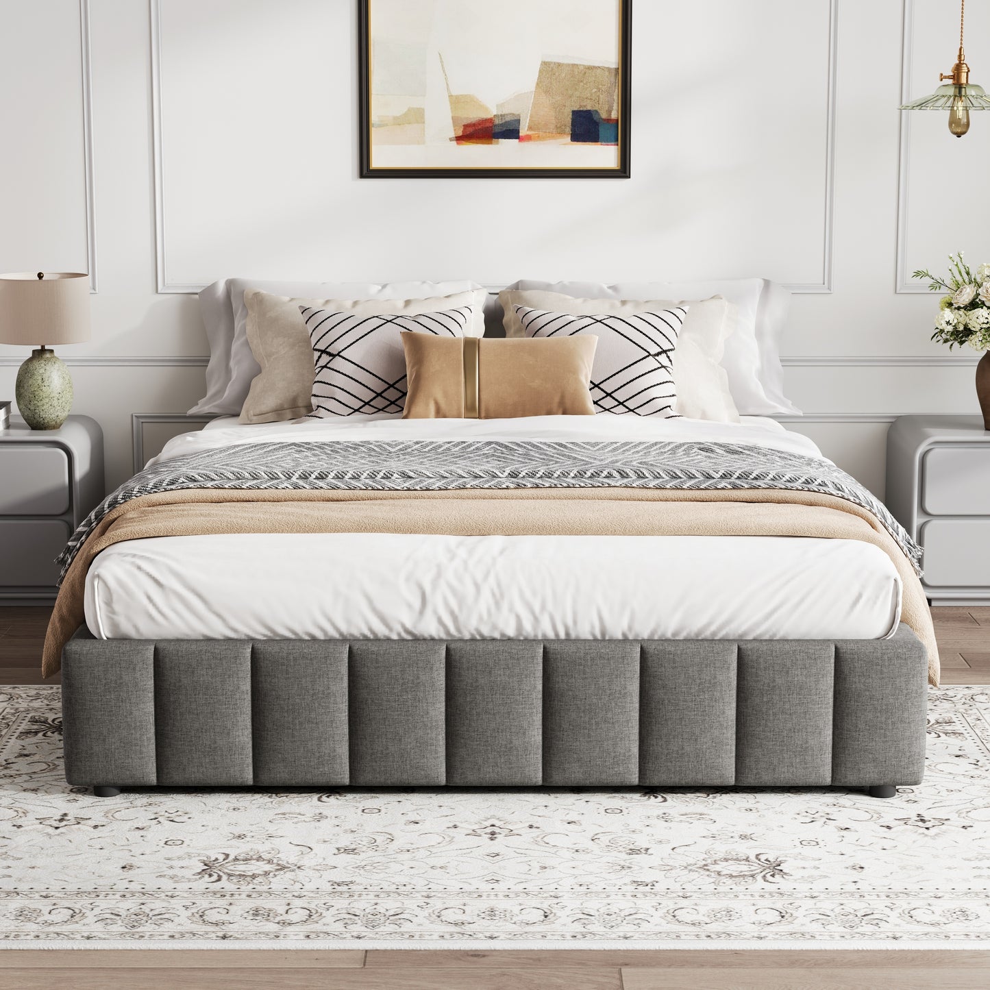 4ft6 Double Upholstered Storage Bed Frame, No Headboard  Linen Bed Frame With Hydraulic Storage, Channel Tufted  Ottoman Bed, Metal-Wood Support, No Box Spring Needed, Easy Assembly,Grey No Mattress