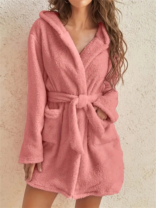 Solid Color Pockets Hooded Teddy Coat, Casual Long Sleeve Faux Fur Belted Outwear, Women's Clothing
