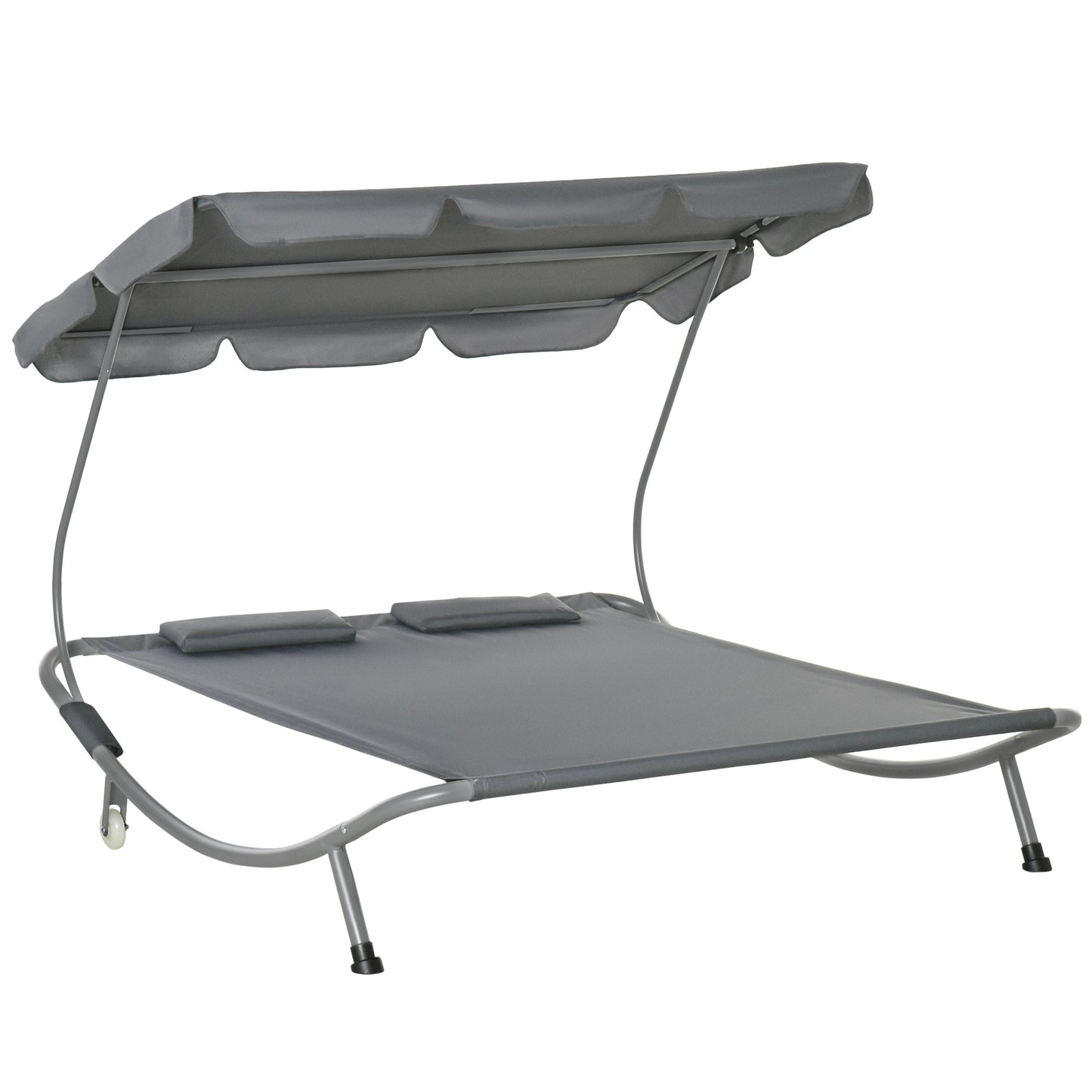 Double Sun Lounger With Adjustable Detachable Canopy, Portable Garden Daybed For 2 With Wheels, Outdoor Sunbed Hammock With 2 Pillows, 220 KG Max. Load, Grey